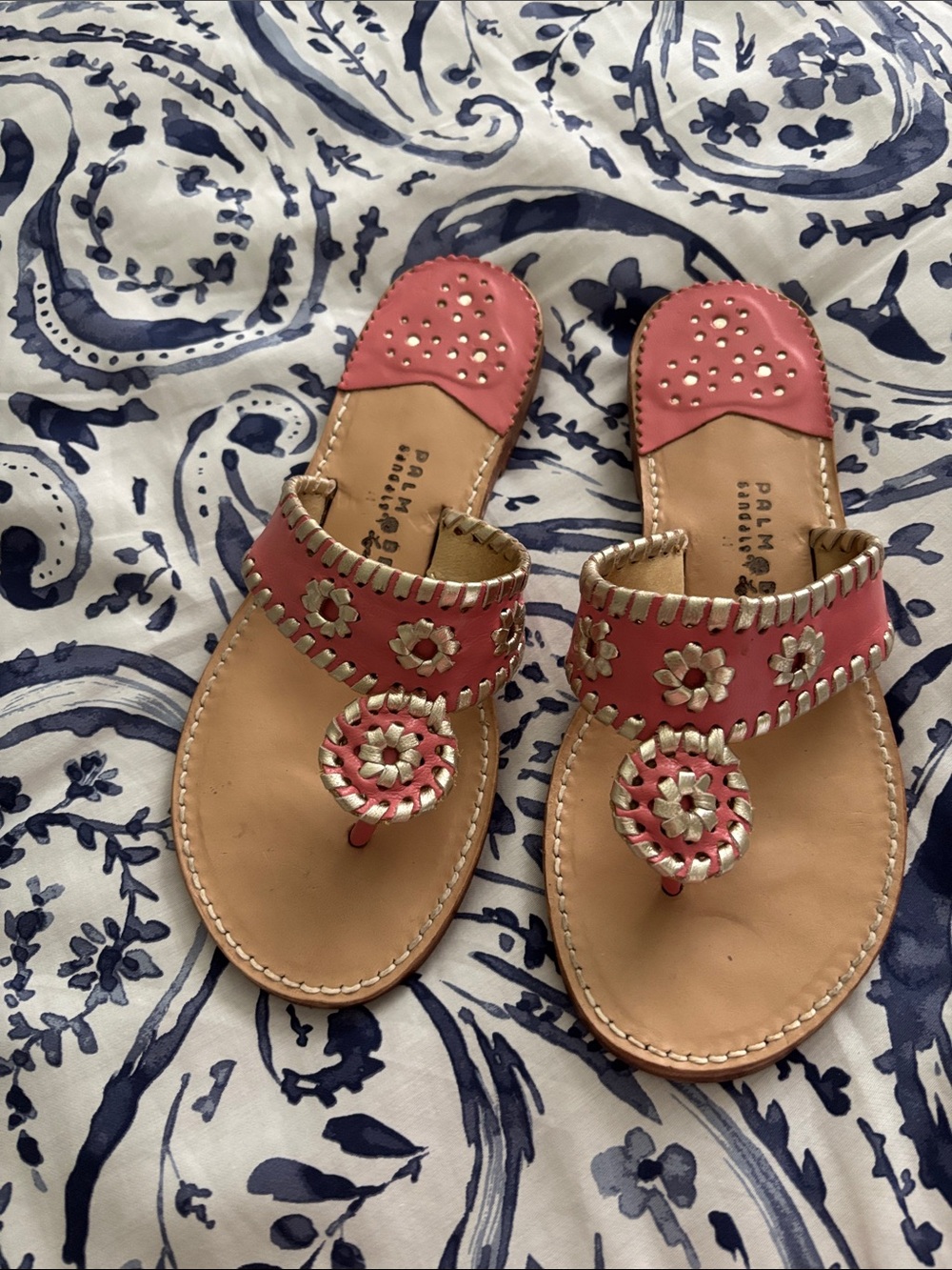 Palm Beach Sandals Pink Floral Leather Thong Slip-Ons